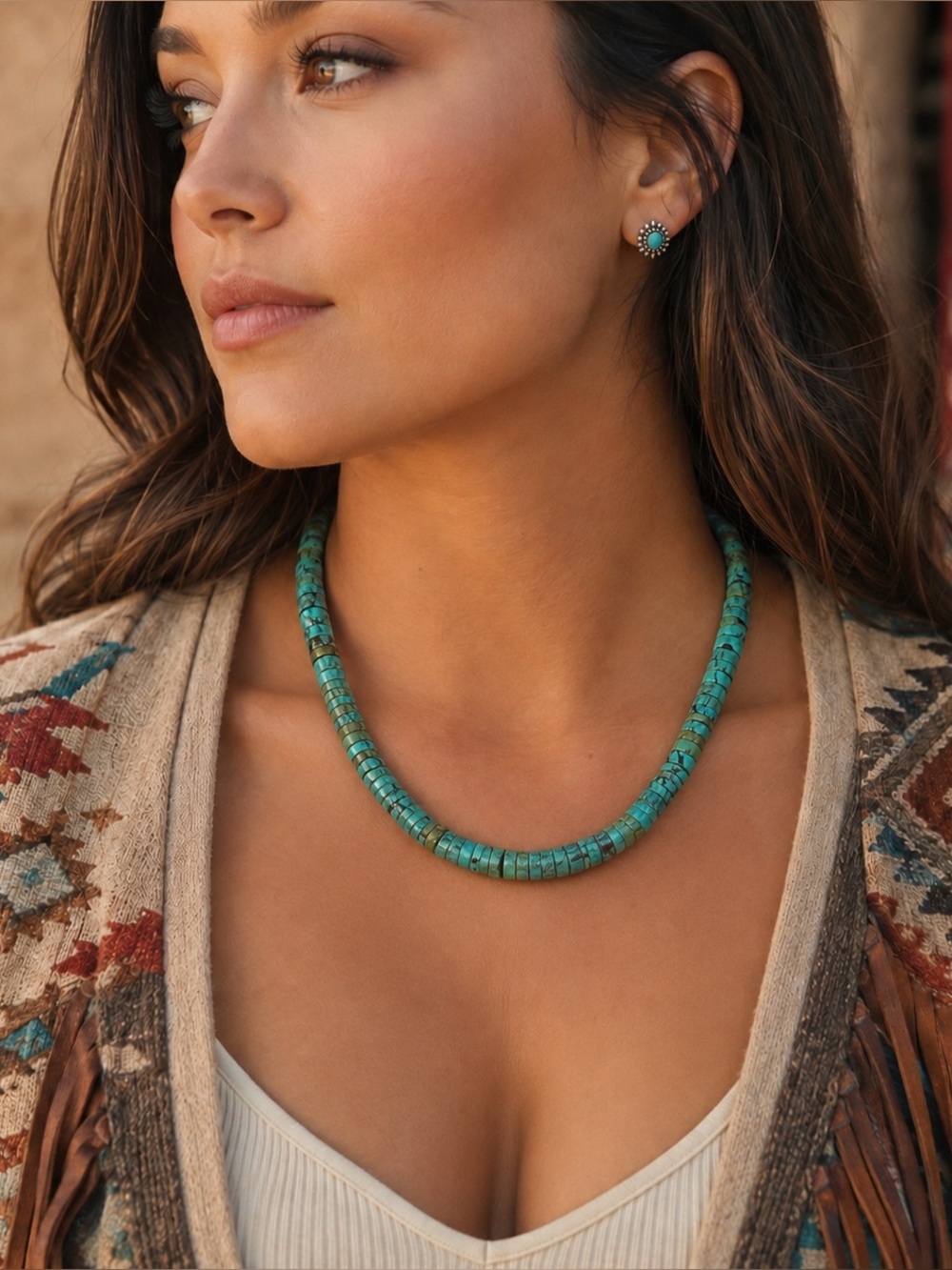 Vintage Turquoise Heshi Shell Southwestern Necklace 16 Inches